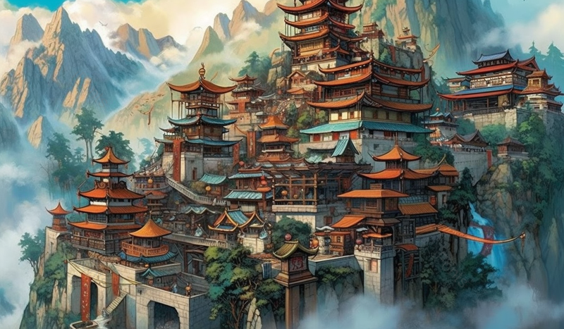 中国风山峰下的古典古风城市楼阁房屋建筑风景画横版插画背景,插画/手绘图,插画/手绘图库,插画/手绘图下载,插画/手绘
